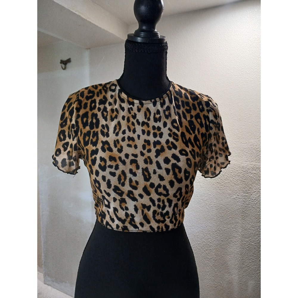 Forever 21 Leopard Print Sheer Mesh Crop Top Brown Black Short Sleeve Medium